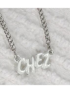 Vtg VALLEY GIRL Nameplate "CHEZ" Necklace 80s Slang Lingo Word Metal White Charm